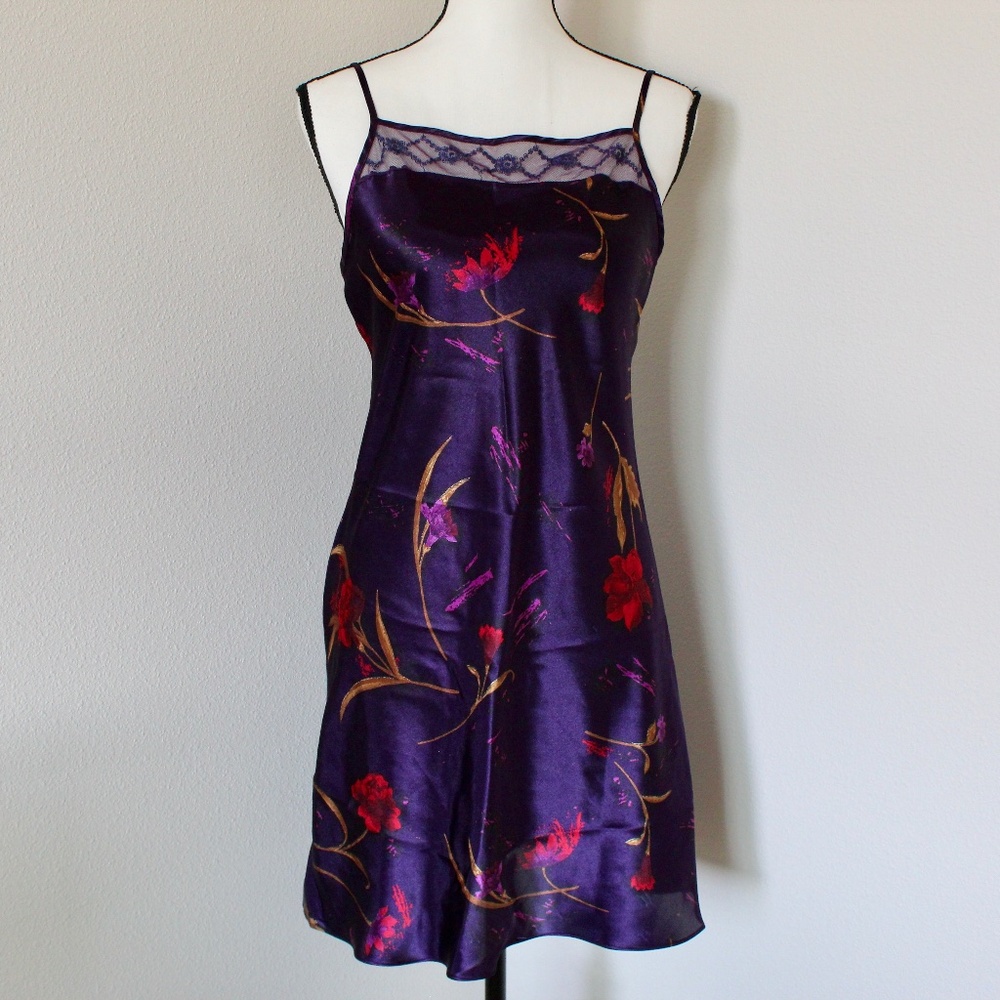 Vintage Deep Purple & Jewel-Toned Floral Print Lace Detail Chemise